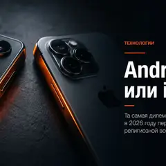 Два флагманских смартфона в тёмной студийной подсветке с оранжевым акцентом по краям корпуса