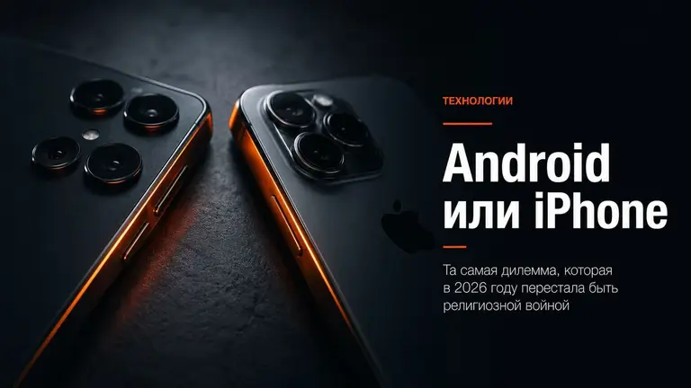 Два флагманских смартфона в тёмной студийной подсветке с оранжевым акцентом по краям корпуса