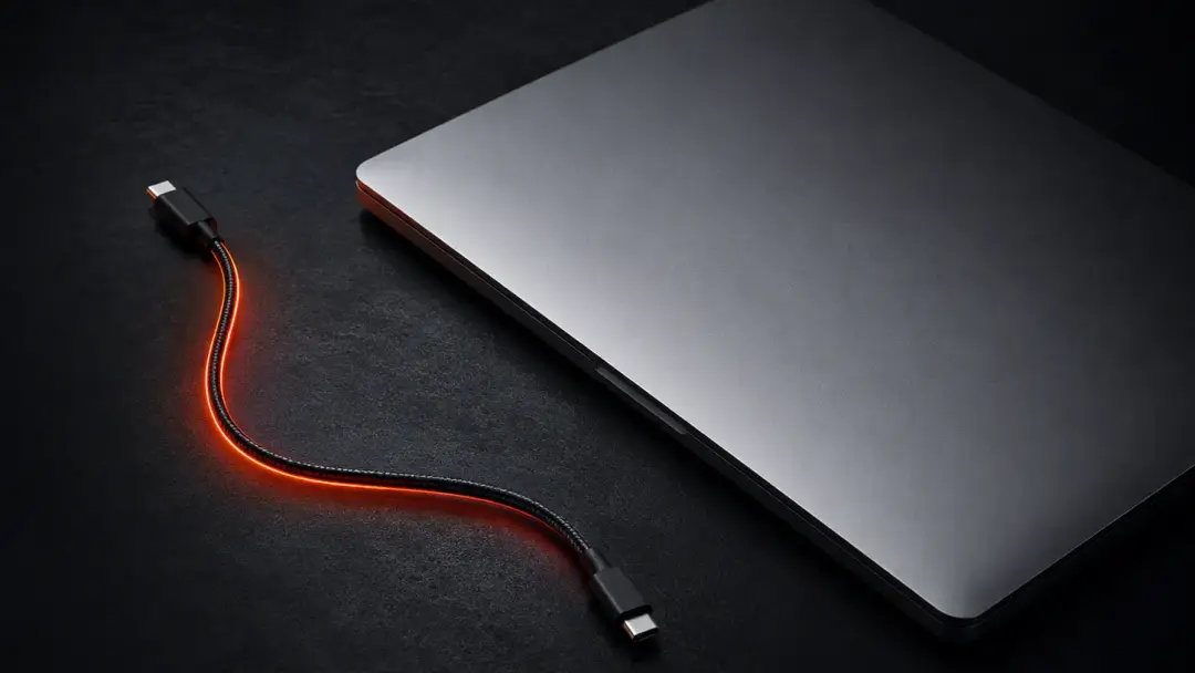 Закрытый ноутбук и USB-C кабель на тёмном столе