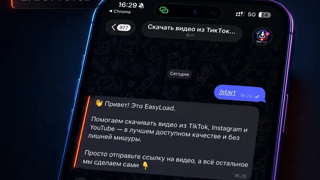 Чат с EasyLoad, где пользователь отправляет ссылку на YouTube