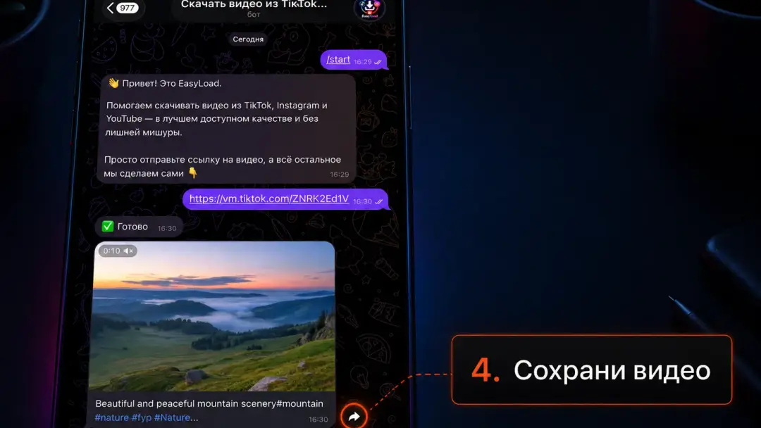 Смартфон с подсвеченной ссылкой в чате EasyLoad как напоминание проверить URL