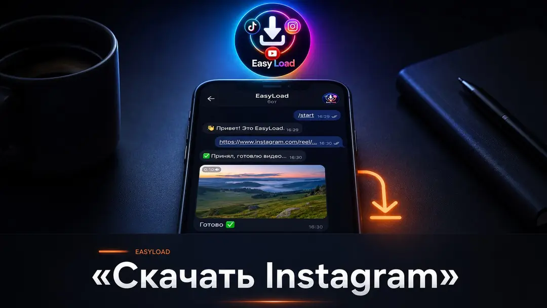 Смартфон с Telegram-ботом EasyLoad и ссылкой на видео из Instagram
