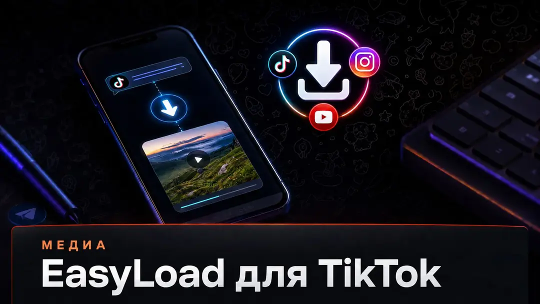 Аватар EasyLoad и смартфон на тёмном фоне как символ скачивания TikTok через Telegram