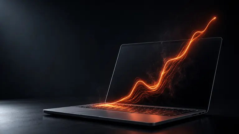 Ноутбук с оранжевым световым следом как символ ускорения Windows 11
