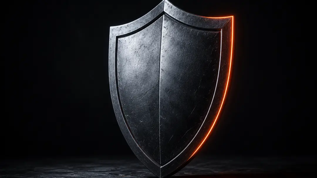 Металлический щит на тёмном фоне как символ системной защиты Windows