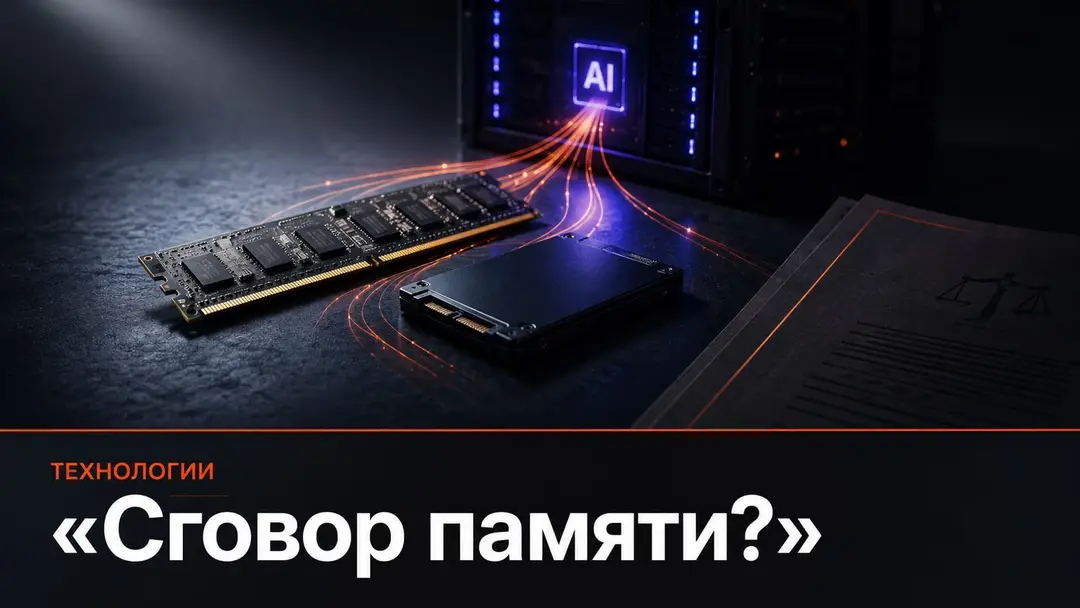 Модуль оперативной памяти и SSD на тёмном столе рядом с силуэтом судебного документа и ИИ-сервера