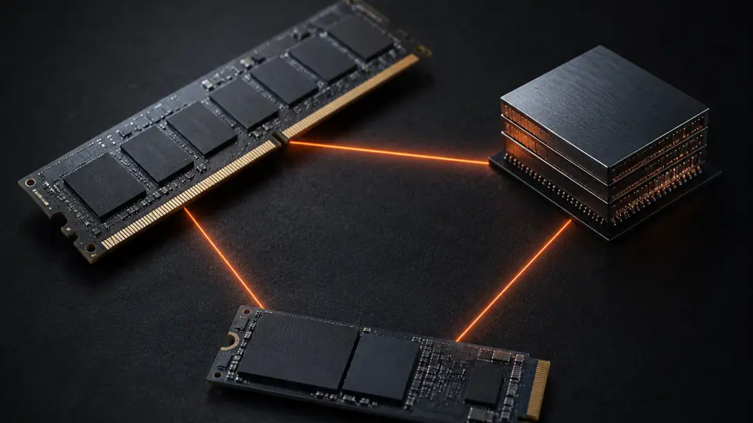 Три типа памяти в виде абстрактных модулей DRAM, NAND и HBM на тёмной поверхности