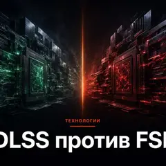 Абстрактный 3D-рендер двух архитектур GPU в драматическом противостоянии на тёмном фоне с оранжевым лучом разделения
