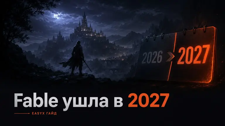 Фэнтезийный герой на фоне замка и календаря с переносом Fable на 2027 год