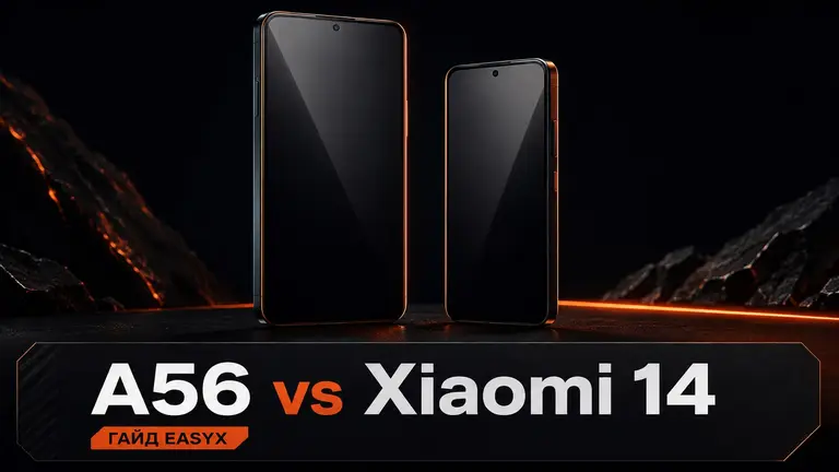 Два современных смартфона на тёмном фоне как символ сравнения Galaxy A56 и Xiaomi 14