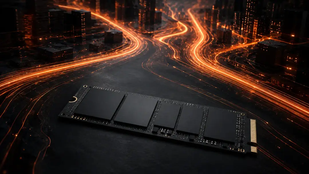 NVMe SSD и световые линии данных как символ быстрой подгрузки мира