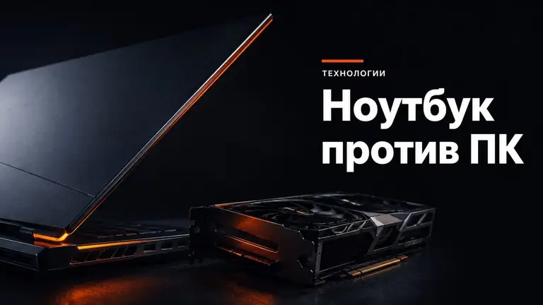 Игровой ноутбук и видеокарта десктопа в тёмной студийной подсветке с оранжевым акцентом