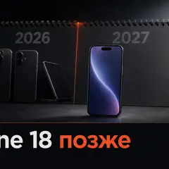 Силуэт смартфона на тёмном фоне рядом с календарём 2026 и 2027 как символ переноса обычного iPhone 18