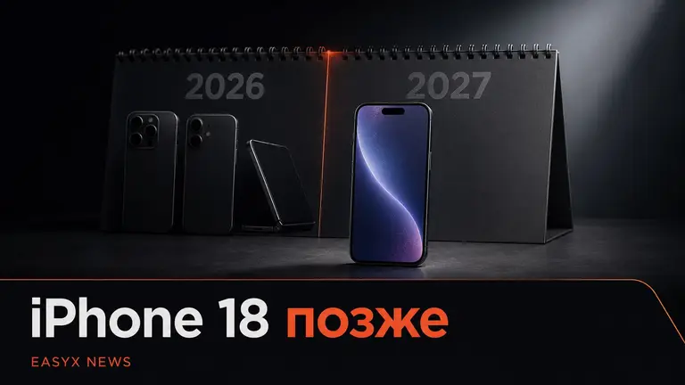 Силуэт смартфона на тёмном фоне рядом с календарём 2026 и 2027 как символ переноса обычного iPhone 18