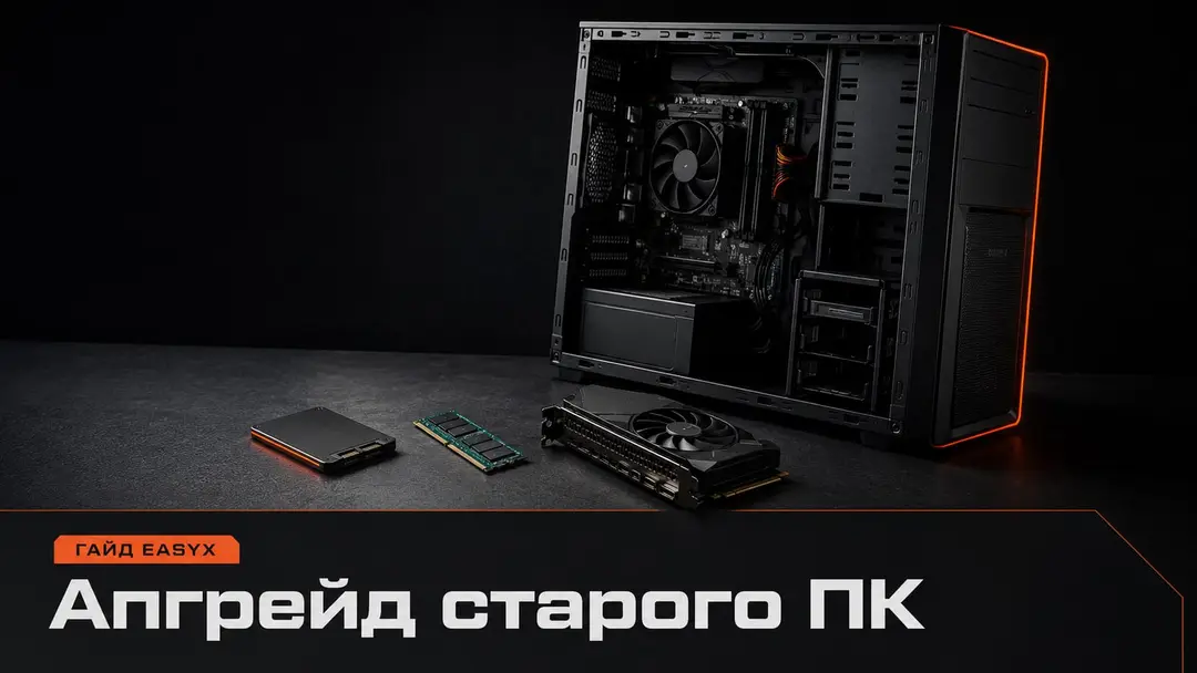 Открытый старый ПК и комплектующие для апгрейда на тёмном рабочем столе