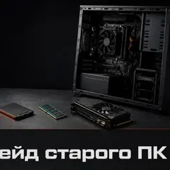 Открытый старый ПК и комплектующие для апгрейда на тёмном рабочем столе