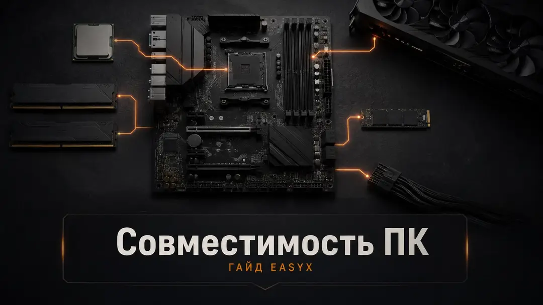Комплектующие ПК вокруг материнской платы как символ проверки совместимости перед покупкой