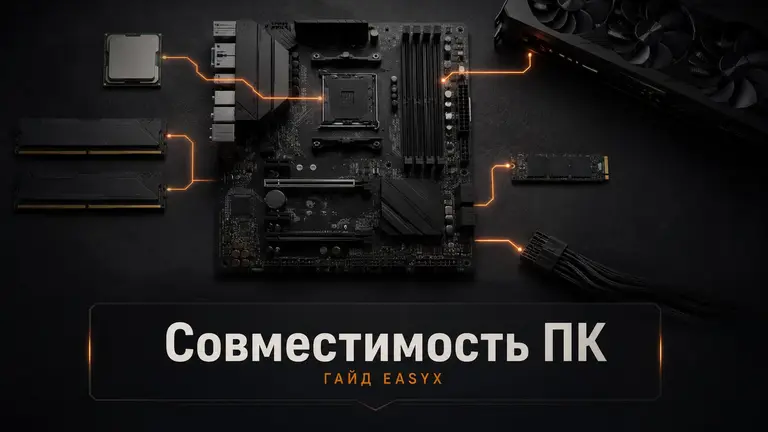 Комплектующие ПК вокруг материнской платы как символ проверки совместимости перед покупкой