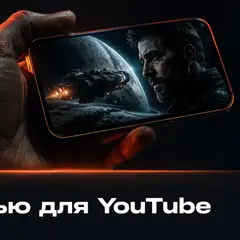 Рука держит смартфон с макетом превью для YouTube в тёмной студийной подсветке с оранжевым акцентом