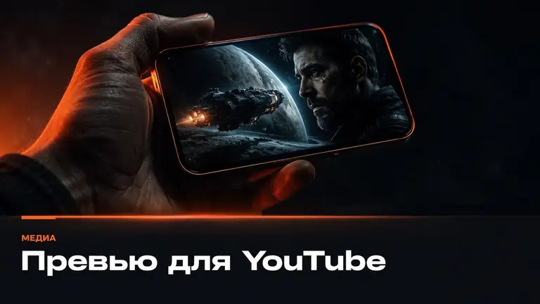 Рука держит смартфон с макетом превью для YouTube в тёмной студийной подсветке с оранжевым акцентом