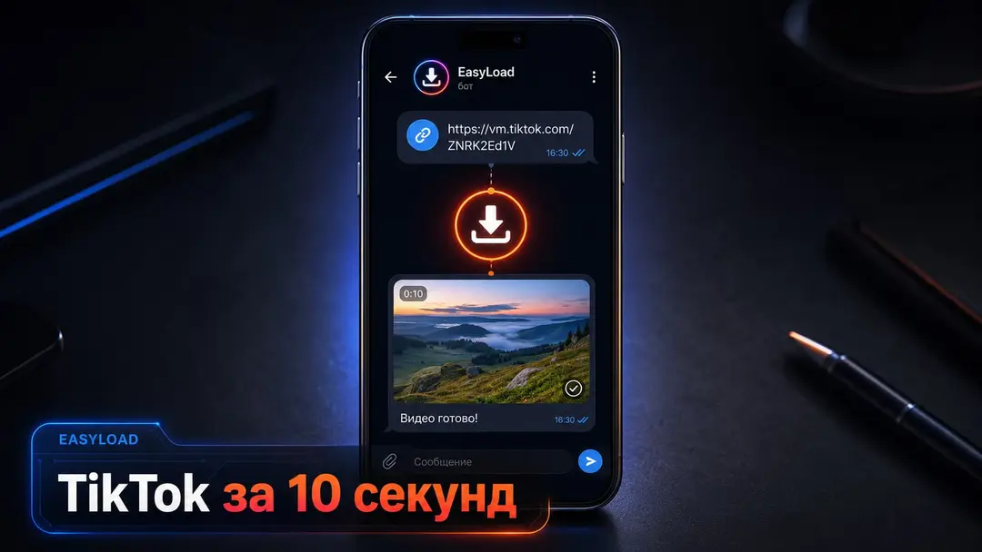 Смартфон с Telegram-ботом EasyLoad и схемой скачивания видео из TikTok