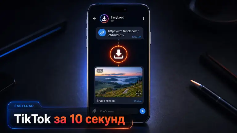 Смартфон с Telegram-ботом EasyLoad и схемой скачивания видео из TikTok
