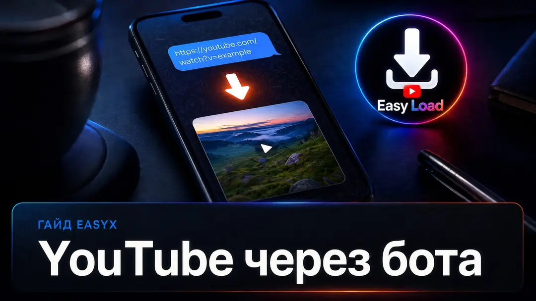 Смартфон с Telegram-ботом EasyLoad и ссылкой на YouTube как обложка гайда по скачиванию видео