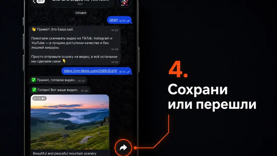 Telegram-чат с готовым видео от бота EasyLoad и действием сохранения