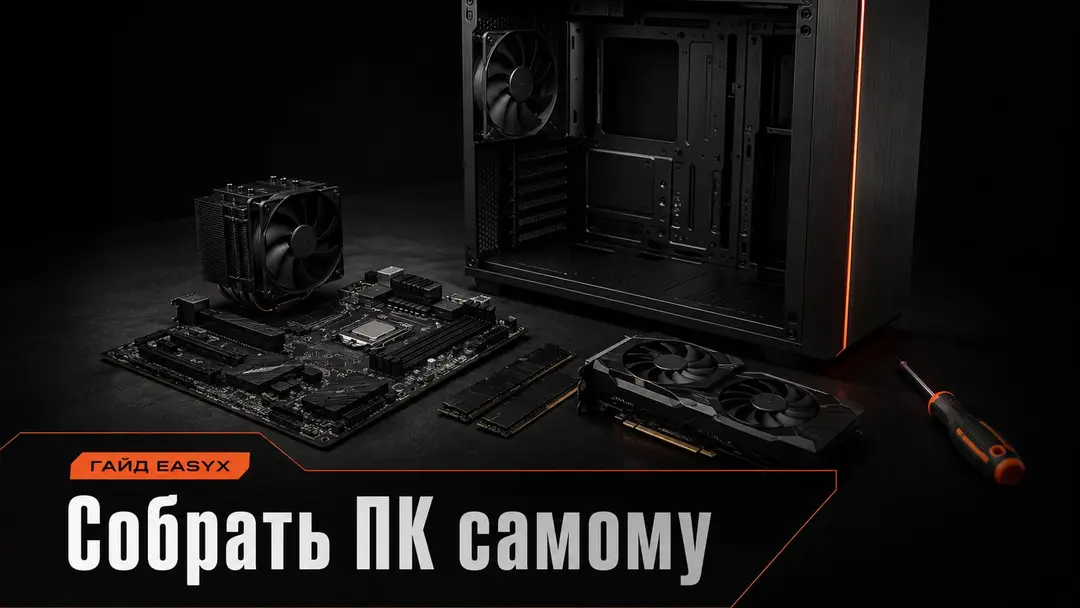 Открытый корпус ПК и комплектующие на тёмном рабочем столе как символ самостоятельной сборки компьютера