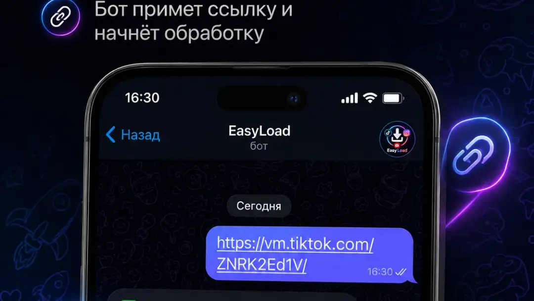 Третий шаг инструкции: отправить TikTok-ссылку в Telegram-бот EasyLoad