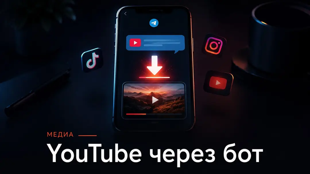 Смартфон с цепочкой YouTube-ссылки и бота EasyLoad как символ сохранения видео на телефон