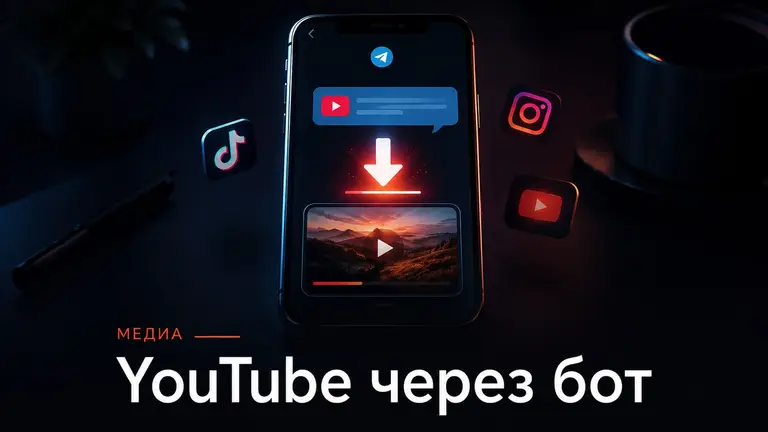 Смартфон с цепочкой YouTube-ссылки и бота EasyLoad как символ сохранения видео на телефон