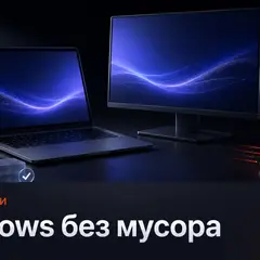 Ноутбук и монитор Windows на тёмном столе с символами безопасной очистки системы