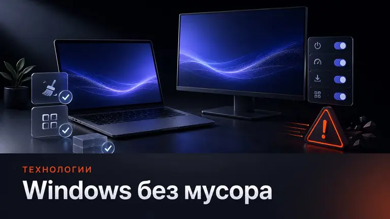 Ноутбук и монитор Windows на тёмном столе с символами безопасной очистки системы