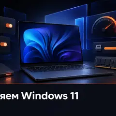 Ноутбук на тёмном столе с абстрактными элементами ускорения Windows 11.