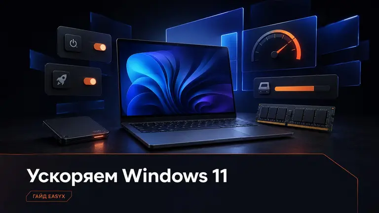 Ноутбук на тёмном столе с абстрактными элементами ускорения Windows 11.