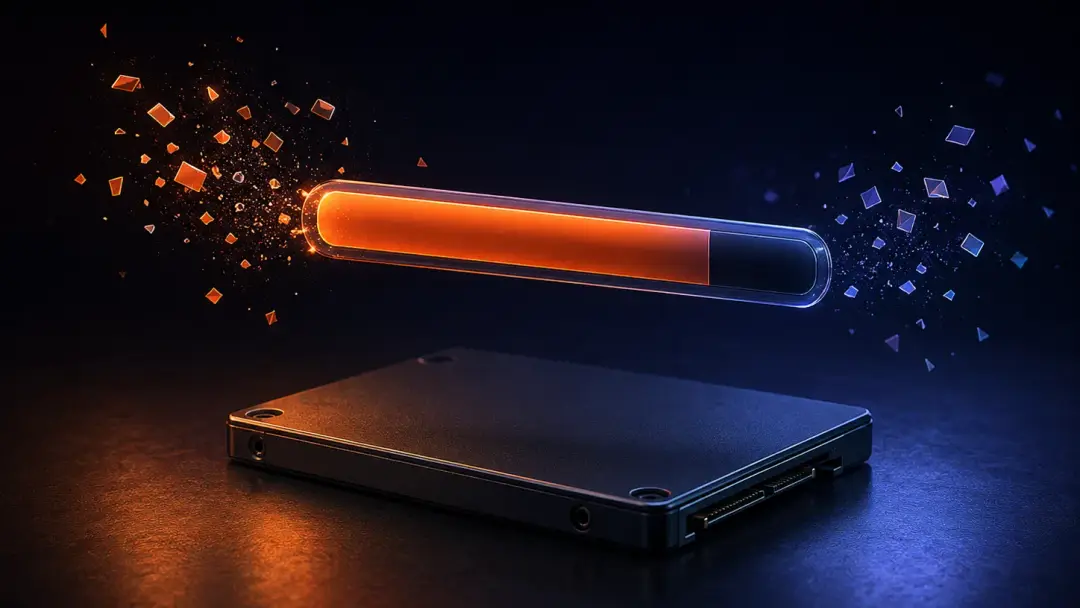 SSD и абстрактная почти заполненная шкала памяти на тёмном фоне.