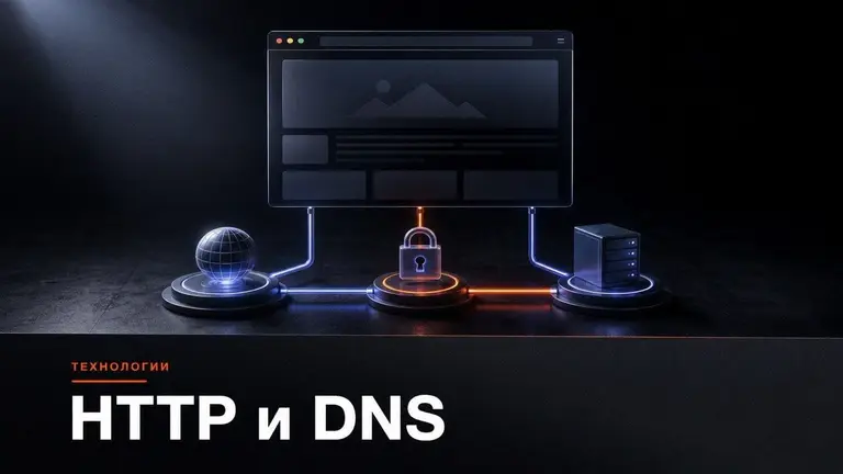 Браузер и схема сетевого запроса на тёмном фоне с акцентом на HTTP, HTTPS и DNS