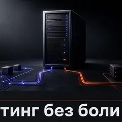 Сервер на тёмном столе с развилкой между обычным хостингом и VPS