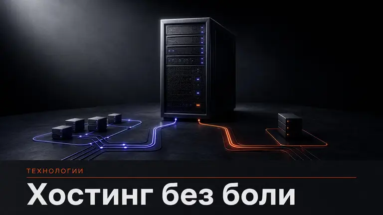 Сервер на тёмном столе с развилкой между обычным хостингом и VPS