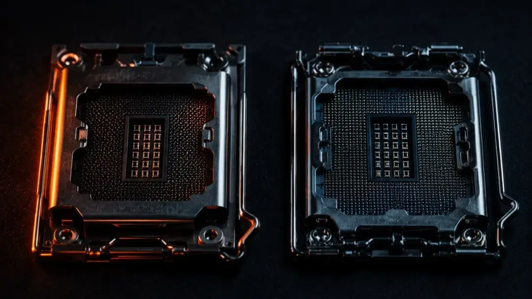Два процессорных сокета AMD AM5 и Intel LGA 1851 в тёмной премиальной визуализации