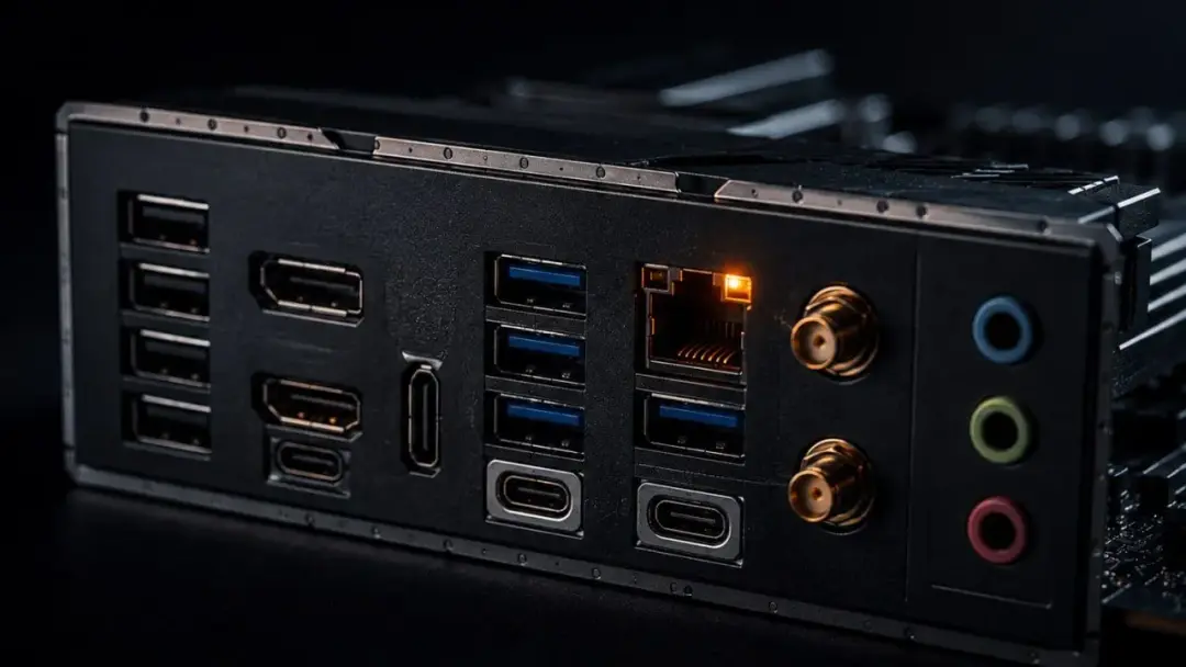 Задняя панель материнской платы с портами USB-C и Ethernet в тёмной премиальной подсветке