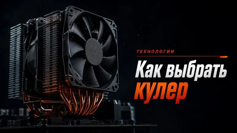 Массивный двухбашенный кулер крупным планом в тёмной студии с оранжевым акцентом на медных тепловых трубках
