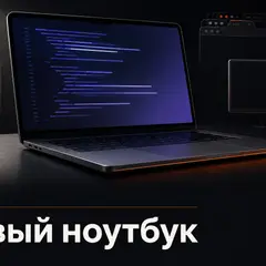 Открытый ноутбук на тёмном столе с абстрактным редактором кода на экране