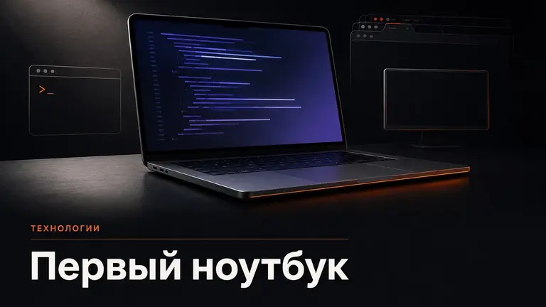 Открытый ноутбук на тёмном столе с абстрактным редактором кода на экране