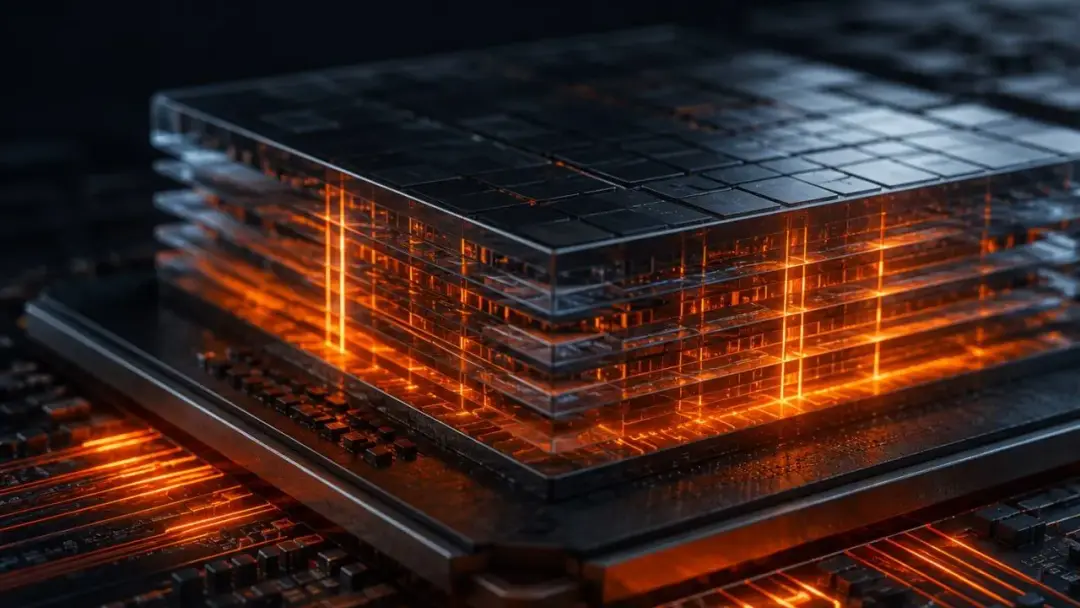 Слои 3D V-Cache крупным планом с оранжевыми трассами данных