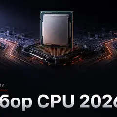 Процессор на тёмной материнской плате с оранжевым акцентом и выбором платформы