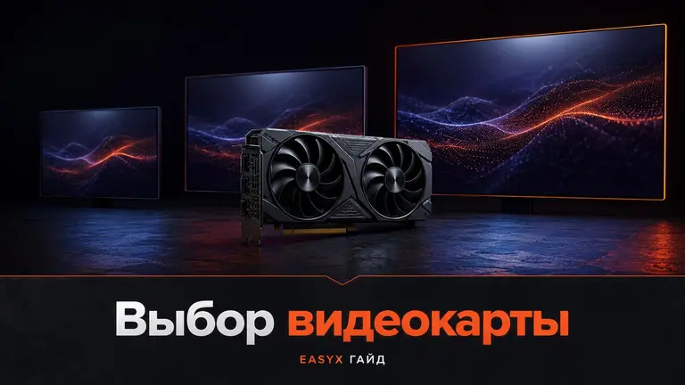 Видеокарта на фоне трёх экранов для 1080p, 1440p и 4K