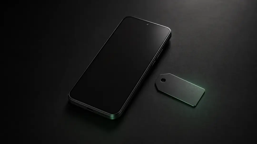 Бюджетный смартфон на тёмном столе с минималистичным ценником