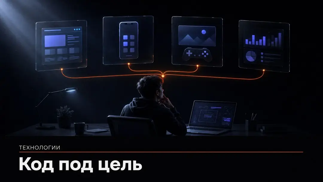 Разработчик выбирает направление обучения между вебом, мобильными приложениями, играми и data